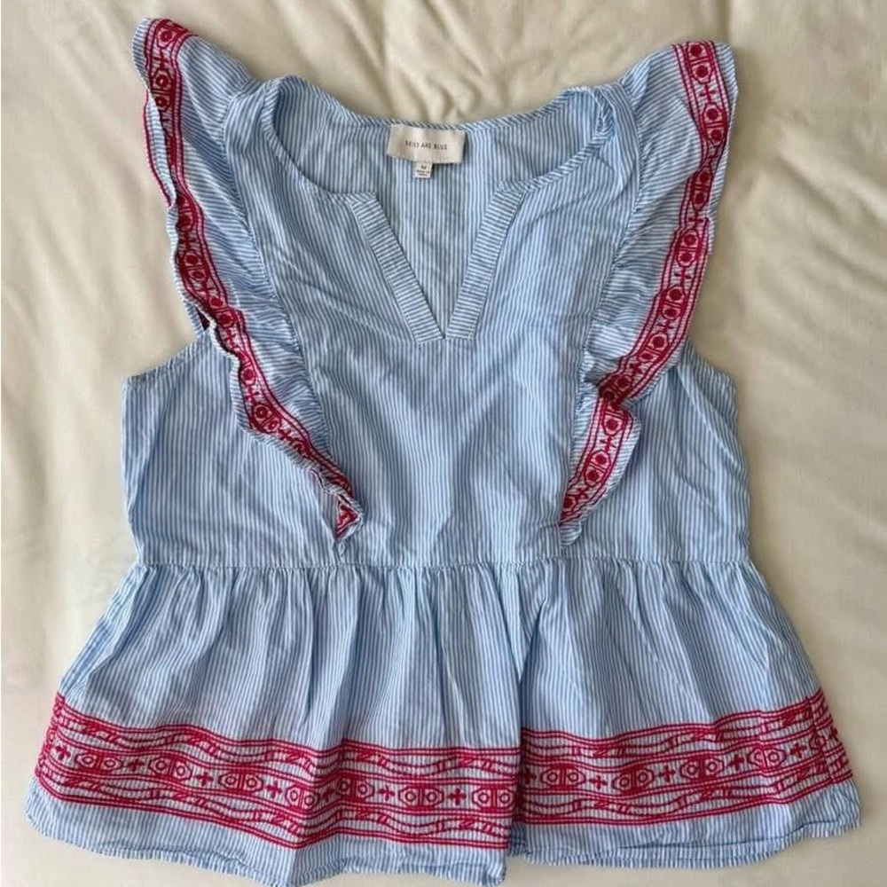 Blue and Red Striped Ruffle Blouse